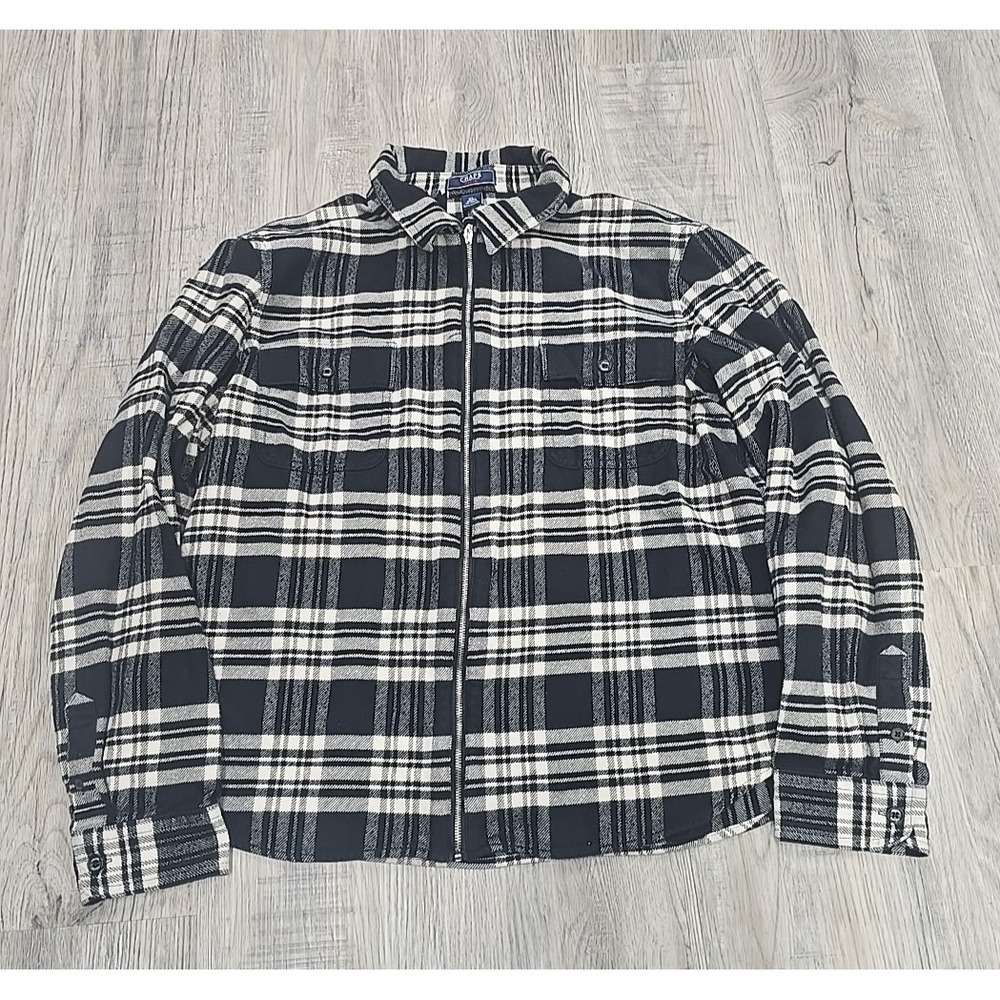 Chaps Denim Jacket Women XL Black White Plaid Zip Front Shirt‎ Flannel Casual